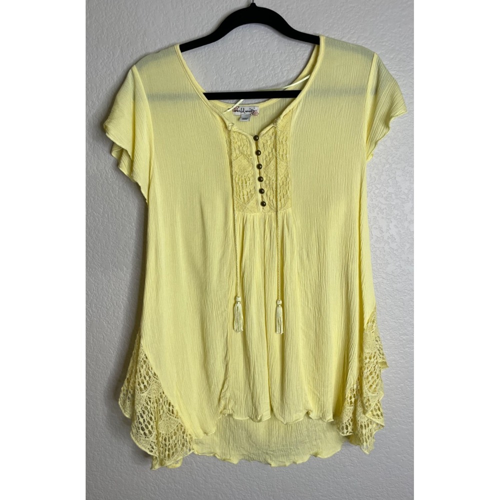 World Unity Womens Large Blouse Yellow Lace Trim Boho Gauze Tassel Top